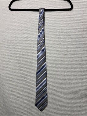 Balmain Paris Gray Tie with Blue and White Stripes 100% Silk